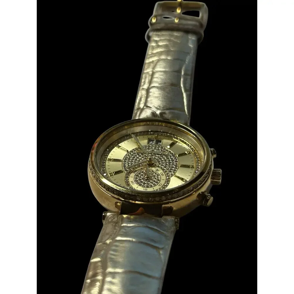 Michael Kors MK2444 Sawyer Champagne Dial Gold Leather Strap Chrono Women Watch
